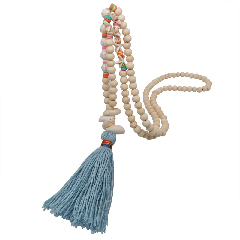 Vintage Wood Beads Necklace Tassel Pendant Bohemian Charms Jewelry