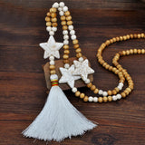 Yumfeel Women Tassel Long Necklace Boho Wood Beads Star Stone Pendant
