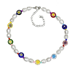 Yumfeel Women Pearl Necklaces Baroque Pearls Colorful Flower Glass Beaded Choker
