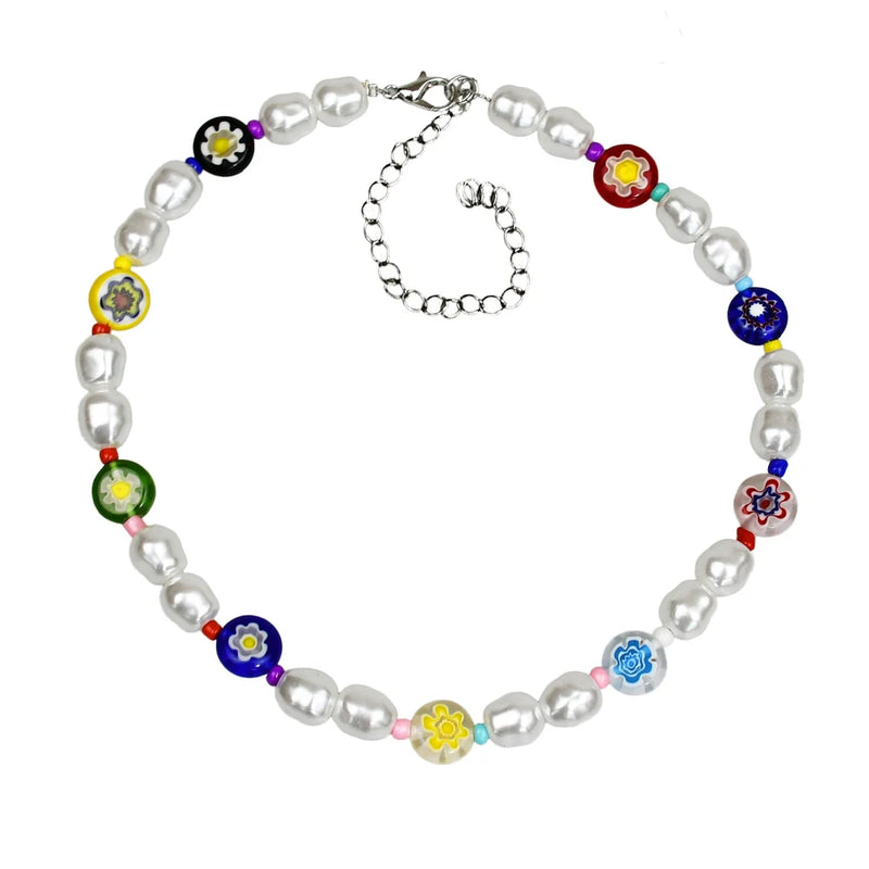 Yumfeel Women Pearl Necklaces Baroque Pearls Colorful Flower Glass Beaded Choker