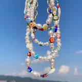 Yumfeel Women Pearl Necklaces Baroque Pearls Colorful Flower Glass Beaded Choker