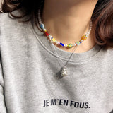 Yumfeel Women Pearl Necklaces Baroque Pearls Colorful Flower Glass Beaded Choker