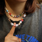 Yumfeel Women Pearl Necklaces Baroque Pearls Colorful Flower Glass Beaded Choker