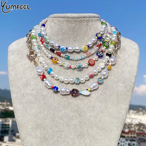 Yumfeel Women Pearl Necklaces Baroque Pearls Colorful Flower Glass Beaded Choker
