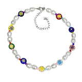 Yumfeel Women Pearl Necklaces Baroque Pearls Colorful Flower Glass Beaded Choker