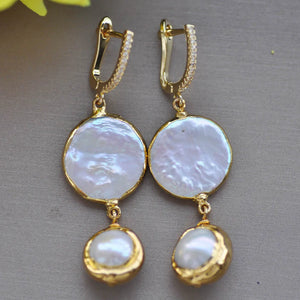 20mm Coin Freshwater Pearl Gold-Plating Dangle Earring