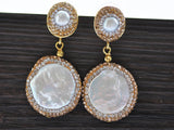 25mm Coin Freshwater Pearl Golden CZ Dangle Earrings