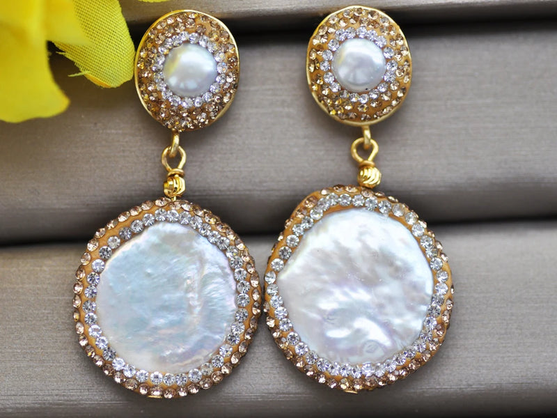 25mm Coin Freshwater Pearl Golden CZ Dangle Earrings