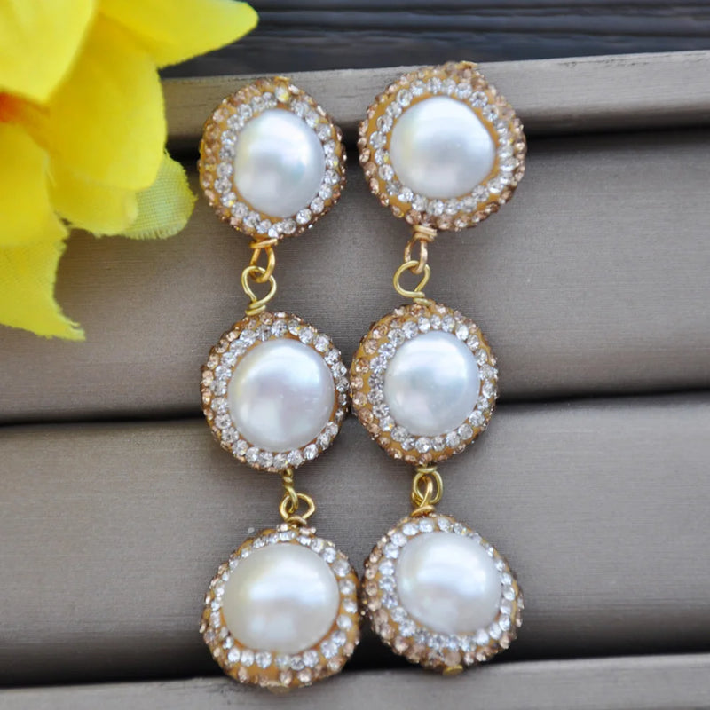 15mm Round Pearl CZ Dangle Earrings