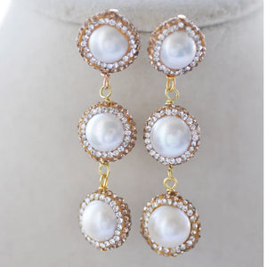15mm Round Pearl CZ Dangle Earrings
