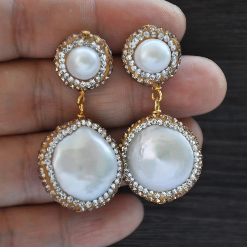 22mm Coin Pearl CZ Dangle Earring