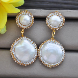 22mm Coin Pearl CZ Dangle Earring