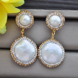 22mm Coin Pearl CZ Dangle Earring