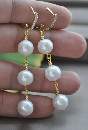 Round Freshwater Pearl Dangle Earrings with CZ