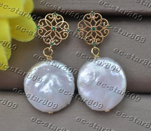 16mm Coin Freshwater Dangle Earring CZ