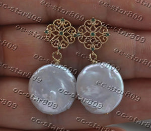16mm Coin Freshwater Dangle Earring CZ