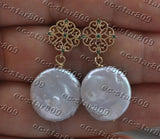 16mm Coin Freshwater Dangle Earring CZ