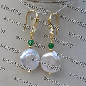 Coin Pearl & Green Jade Bead Dangle Earring