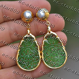 35mm Green Jade Plate Pearl Earrings