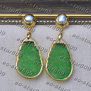 35mm Green Jade Plate Pearl Earrings