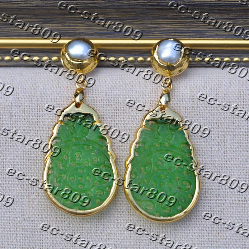 35mm Green Jade Plate Pearl Earrings