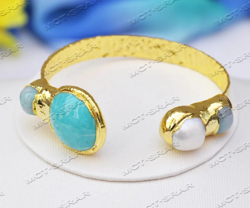 Coin Aquamarine Pearl Gold-plating Bangle Bracelet