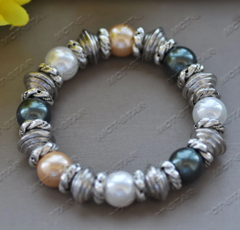 Multicolor Shell Pearl Bead Bracelet 8'' 12mm