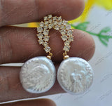 20mm Coin FW Pearl Dangle Earring w/ CZ, Gold-Plated