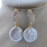 20mm Coin FW Pearl Dangle Earring w/ CZ, Gold-Plated