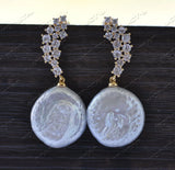20mm Coin FW Pearl Dangle Earring w/ CZ, Gold-Plated