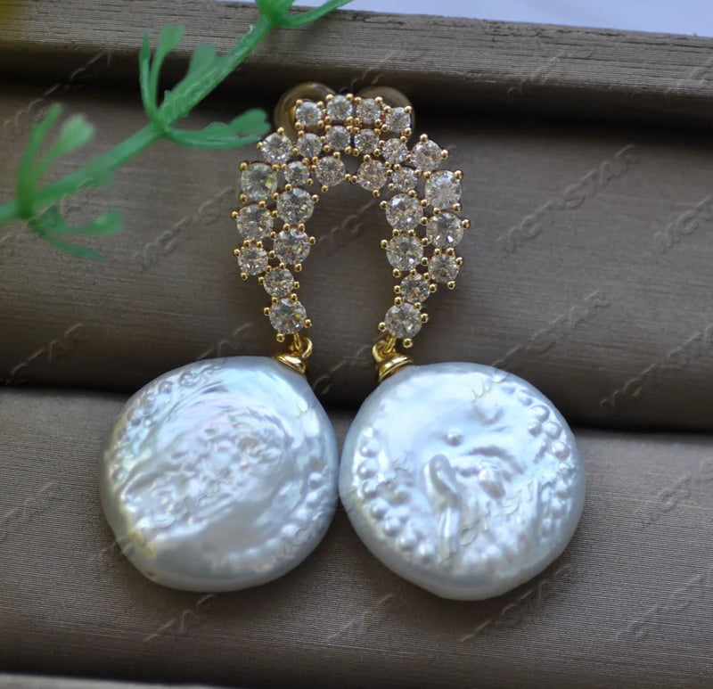 20mm Coin FW Pearl Dangle Earring w/ CZ, Gold-Plated