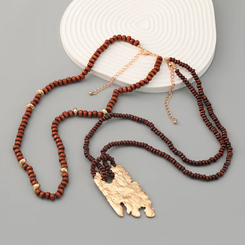 Vintage Wooden Beaded Chains Metal Pendant Necklaces for Women