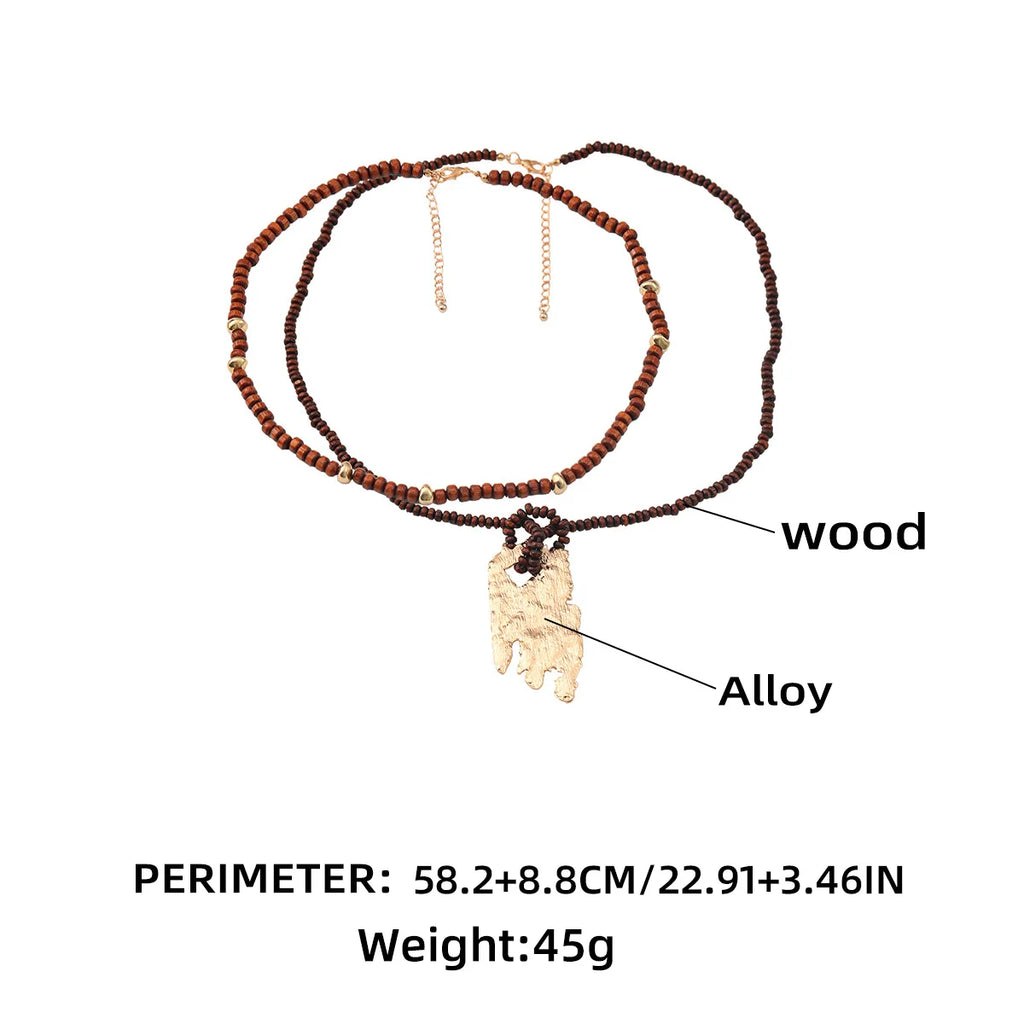 Vintage Wooden Beaded Chains Metal Pendant Necklaces for Women