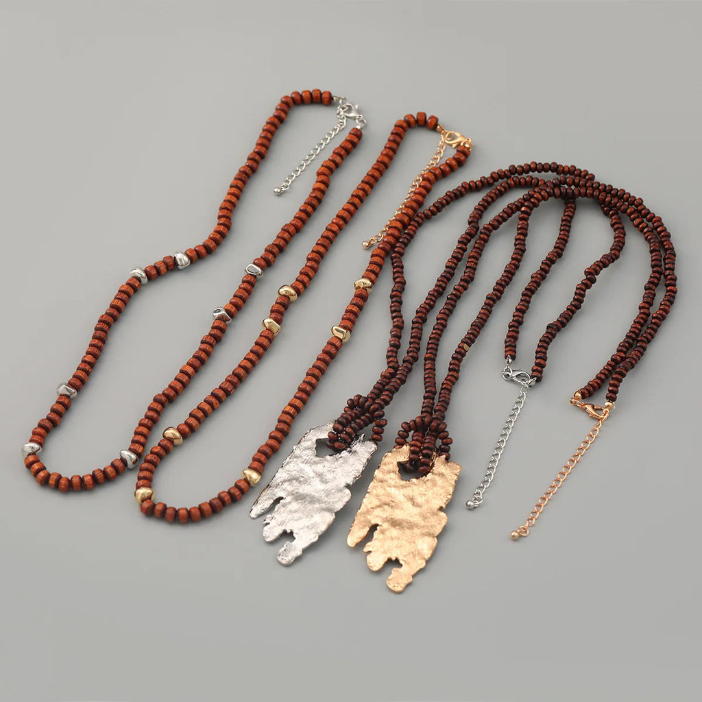 Vintage Wooden Beaded Chains Metal Pendant Necklaces for Women