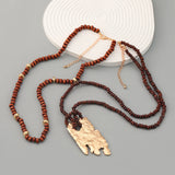 Vintage Wooden Beaded Chains Metal Pendant Necklaces for Women