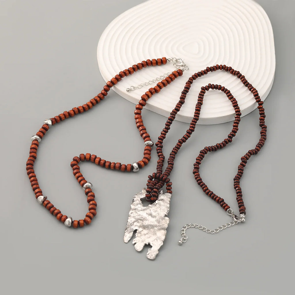 Vintage Wooden Beaded Chains Metal Pendant Necklaces for Women