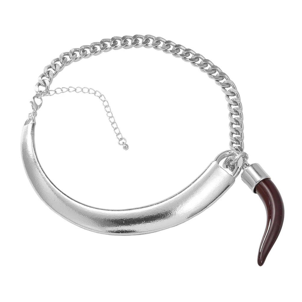 ZAA Vintage Metal Choker Necklace with Cow Horn Pendant