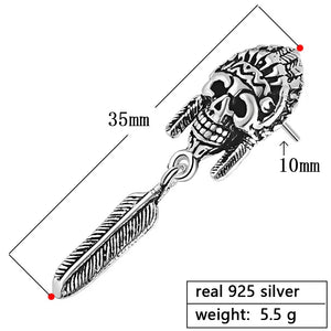 Indian Vintage Punk Skull Long Stud Silver Mens Earrings