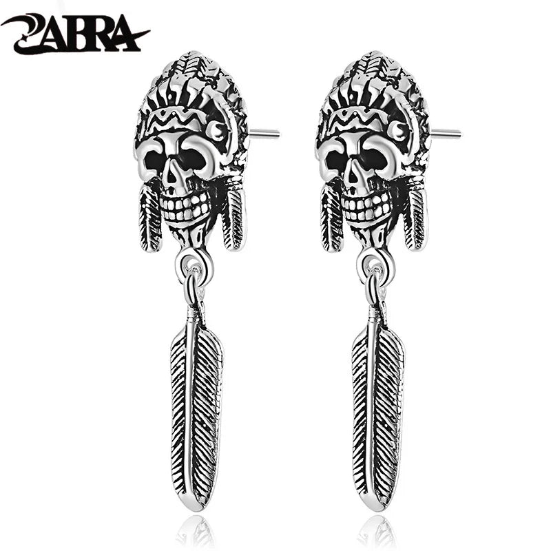 Indian Vintage Punk Skull Long Stud Silver Mens Earrings
