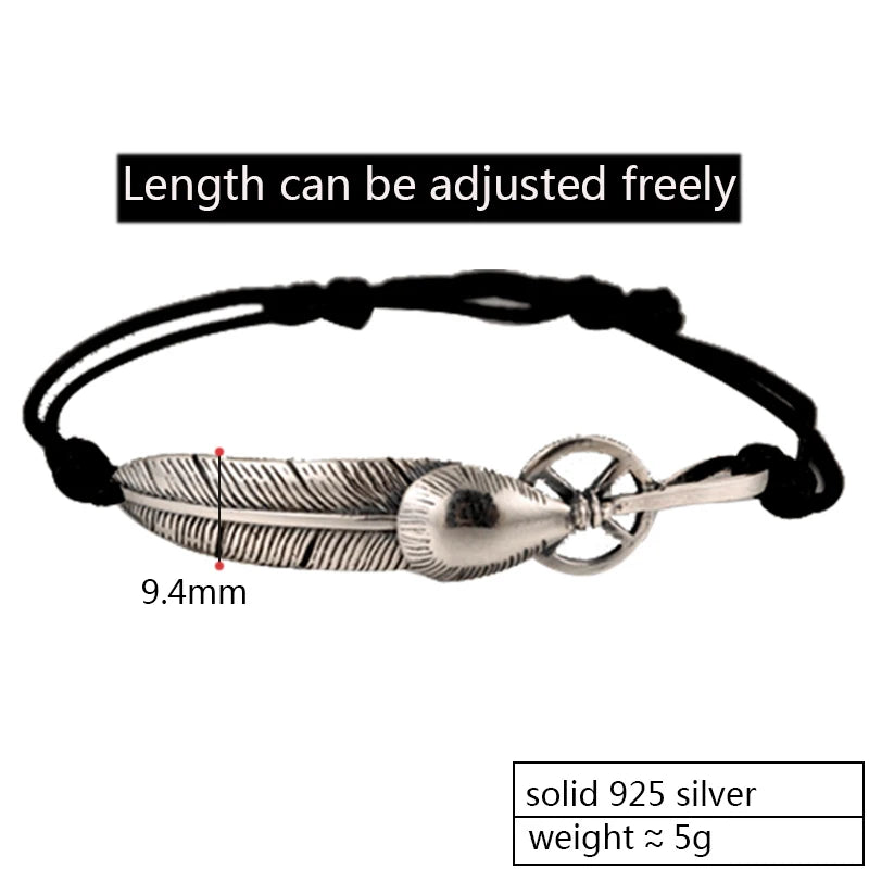 Real 925 Silver Bracelet Feather Vintage Punk Rock Bangle