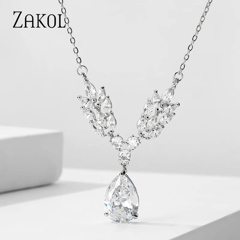 Water Drop Zirconia Crystal Pendant Necklace Bridal Jewelry FSNP2110