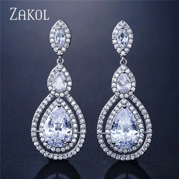 Water Drop CZ Zirconia Dangle Earrings For Brides Crystal Bridal Wedding Jewelry