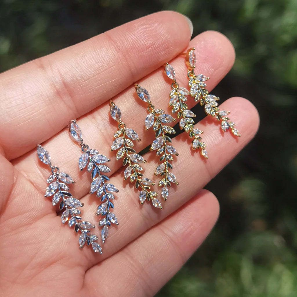 Charm Leaves Earrings Zirconia Dangle Crystal Wedding Jewelry