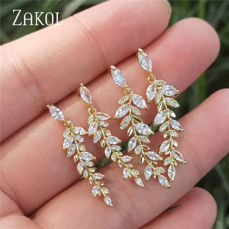 Charm Leaves Earrings Zirconia Dangle Crystal Wedding Jewelry