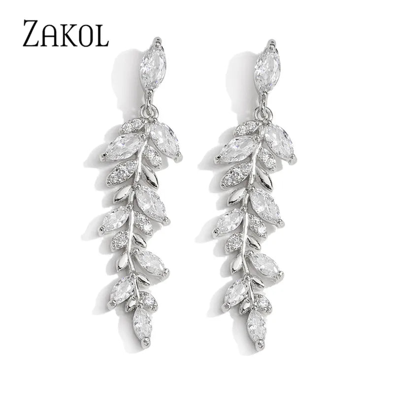 Charm Leaves Earrings Zirconia Dangle Crystal Wedding Jewelry