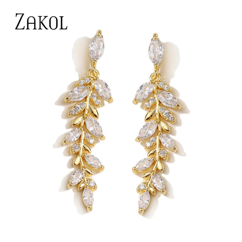 Charm Leaves Earrings Zirconia Dangle Crystal Wedding Jewelry