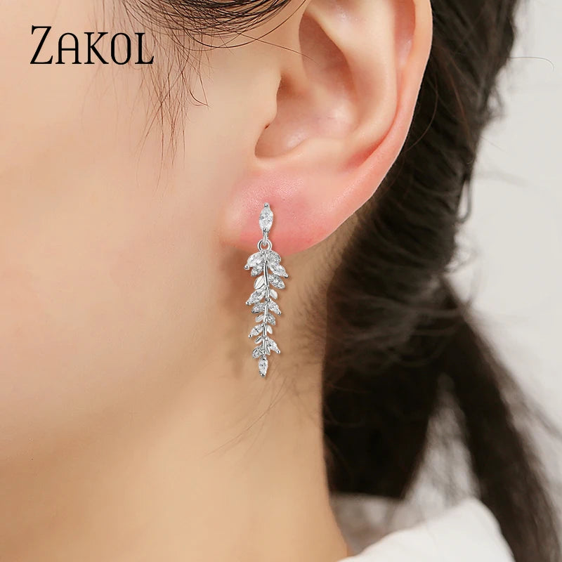 Charm Leaves Earrings Zirconia Dangle Crystal Wedding Jewelry