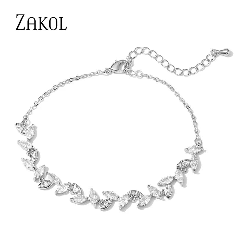 Cubic Zircon Leaf Charm Bracelet for Women