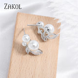 Zirconia Leaf Pearl Stud Earrings for Women Girls