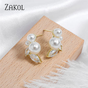 Zirconia Leaf Pearl Stud Earrings for Women Girls